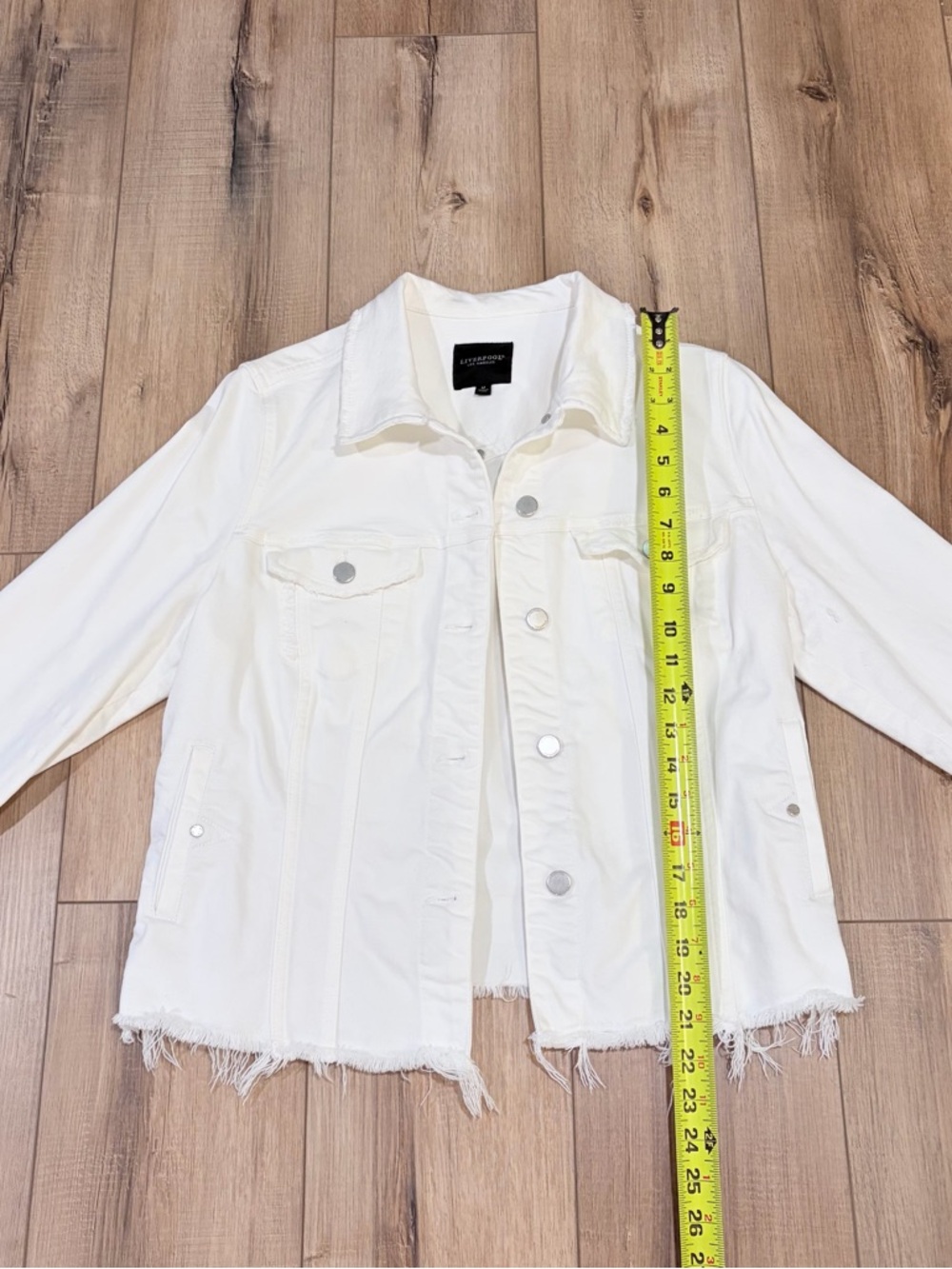 Liverpool LA White Denim Jacket Frayed Hem Minimalist Cropped M Clean Girl - Picture 9 of 10